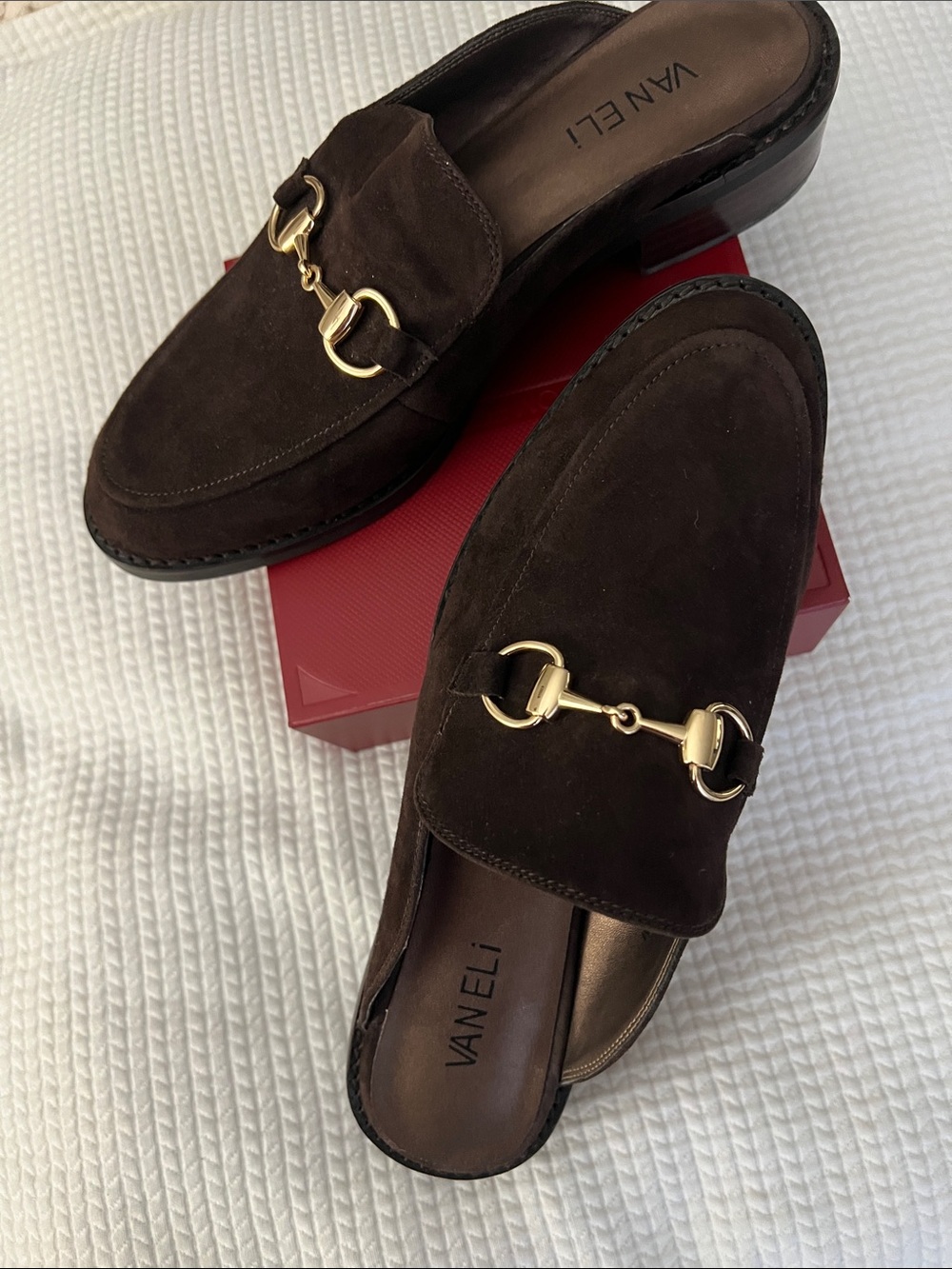 Vaneli Dark Brown Suede Mule Loafers with Gold Bit, Size 7.5